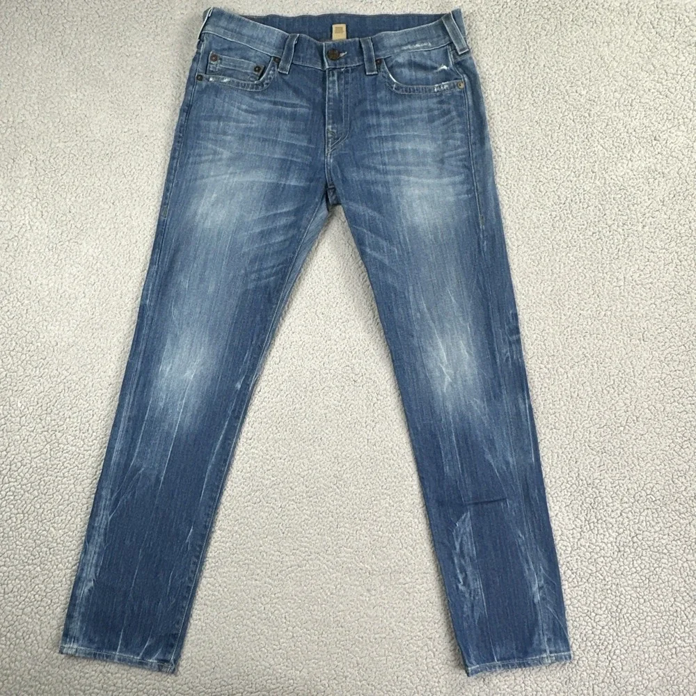 True Religion Geno Relaxed Slim Jeans Men 34 Blue Stretch Whisker Fade USA Made